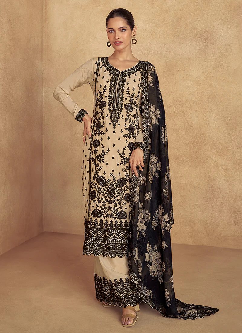 Elegant Beige Embroidery Palazzo Suit – Perfect for Parties & Weddings