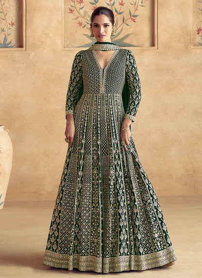 Bottle Green Embroidery Anarkali Gown