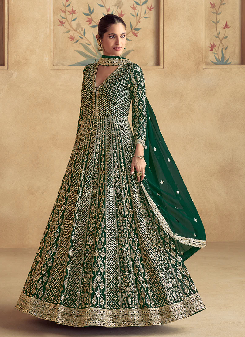 Bottle Green Embroidery Anarkali Gown