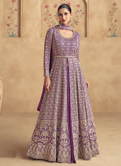 Purple Embroidery Slit Style Anarkali Gown