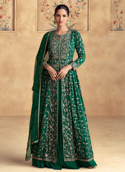 Elegant Dark Green Slit Anarkali Lehenga with Golden Embroidery