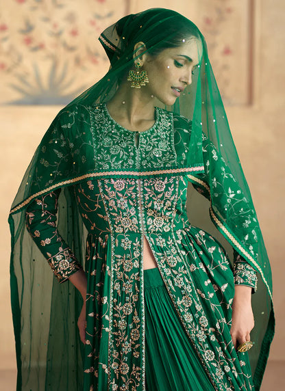 Elegant Dark Green Slit Anarkali Lehenga with Golden Embroidery