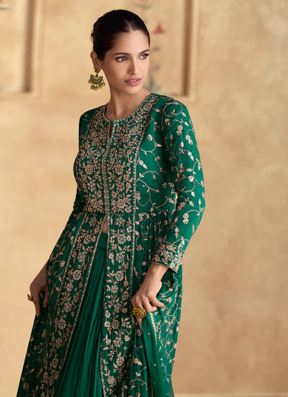 Elegant Dark Green Slit Anarkali Lehenga with Golden Embroidery