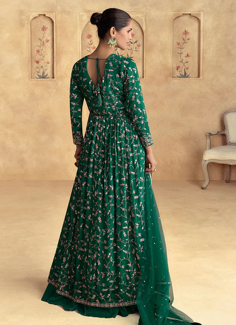 Elegant Dark Green Slit Anarkali Lehenga with Golden Embroidery