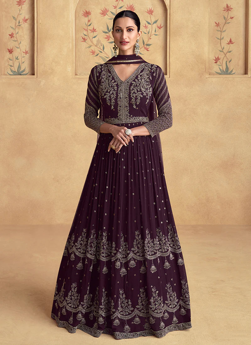 Deep Purple Anarkali Gown in Georgette with Intricate Embroidery