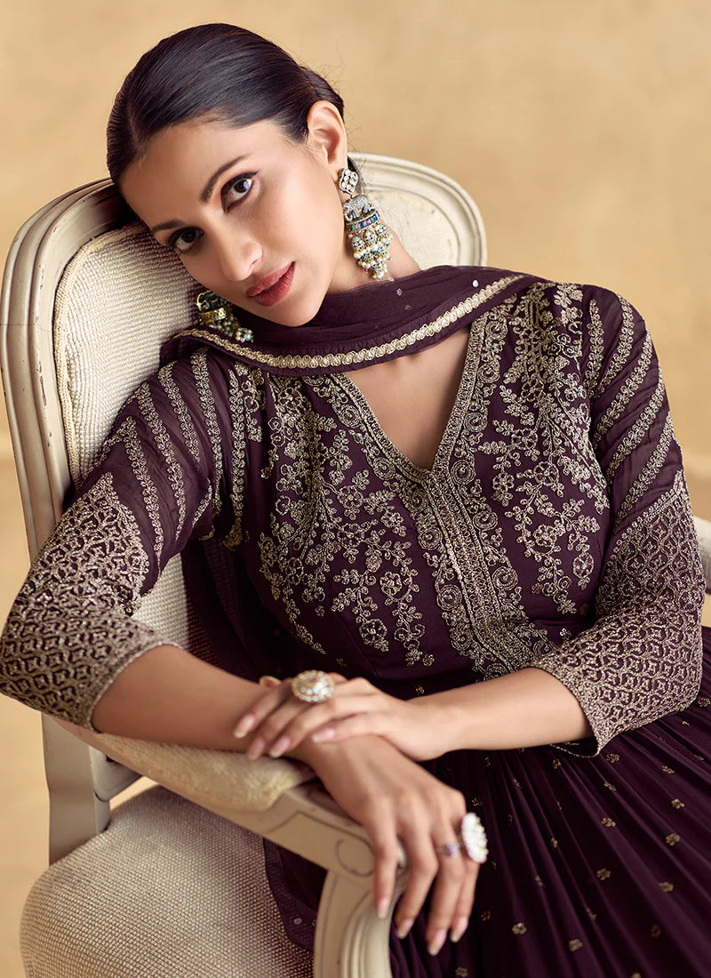 Deep Purple Anarkali Gown in Georgette with Intricate Embroidery