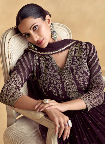 Deep Purple Anarkali Gown in Georgette with Intricate Embroidery