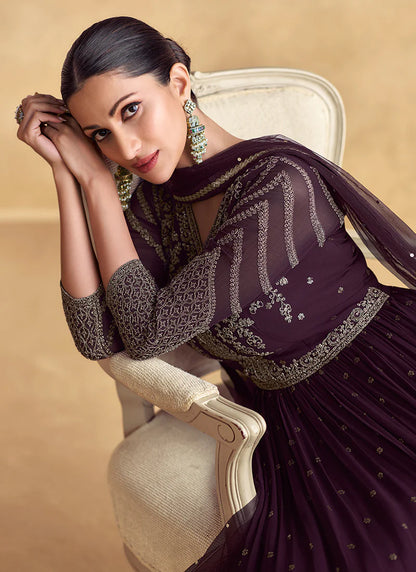 Deep Purple Anarkali Gown in Georgette with Intricate Embroidery