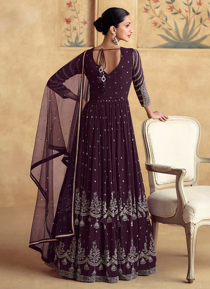 Deep Purple Anarkali Gown in Georgette with Intricate Embroidery