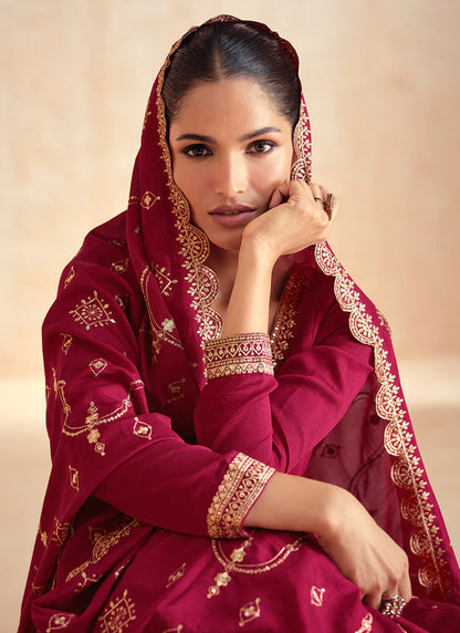 Bridal Red Anarkali Suit with Dupatta for for Indian and Pakistani Celebrations-Golden Embroidery and Thread Works