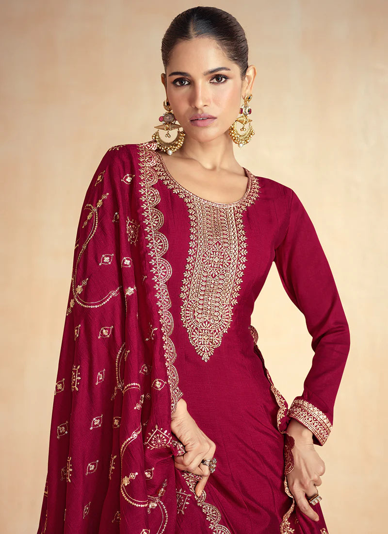 Bridal Red Anarkali Suit with Dupatta for for Indian and Pakistani Celebrations-Golden Embroidery and Thread Works