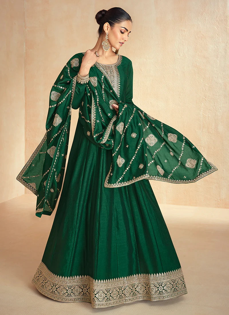 Green Anarkali Suit with Dupatta for for Indian and Pakistani Celebrations-Golden Embroidery and Thread Works