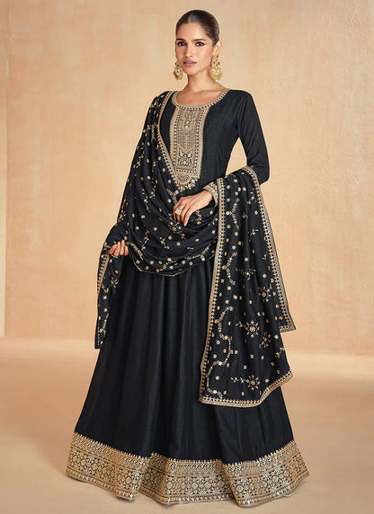 Black Anarkali Suit with Dupatta for for Indian and Pakistani Celebrations-Golden Embroidery and Thread Works