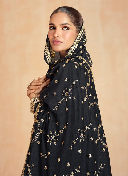 Black Anarkali Suit with Dupatta for for Indian and Pakistani Celebrations-Golden Embroidery and Thread Works