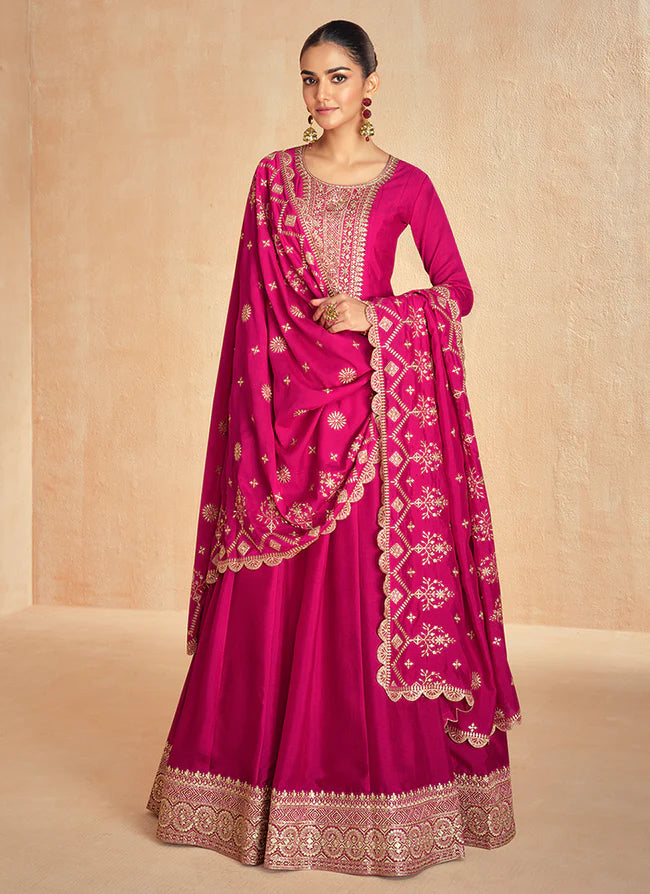 Magenta Pink Anarkali Suit with Dupatta for for Indian and Pakistani Celebrations-Golden Embroidery and Thread Works