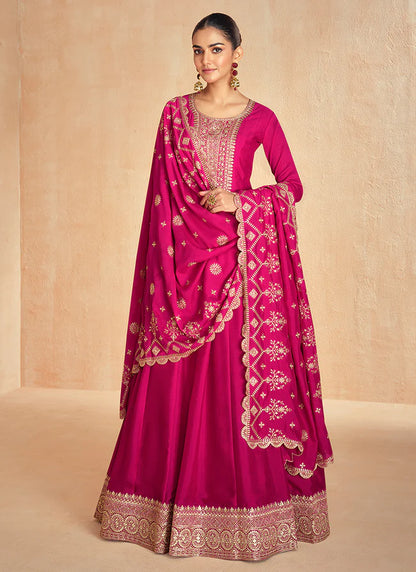 Magenta Pink Anarkali Suit with Dupatta for for Indian and Pakistani Celebrations-Golden Embroidery and Thread Works