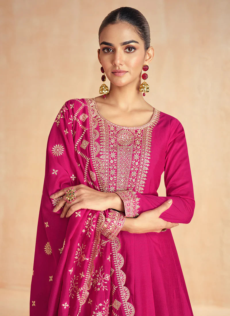 Magenta Pink Anarkali Suit with Dupatta for for Indian and Pakistani Celebrations-Golden Embroidery and Thread Works