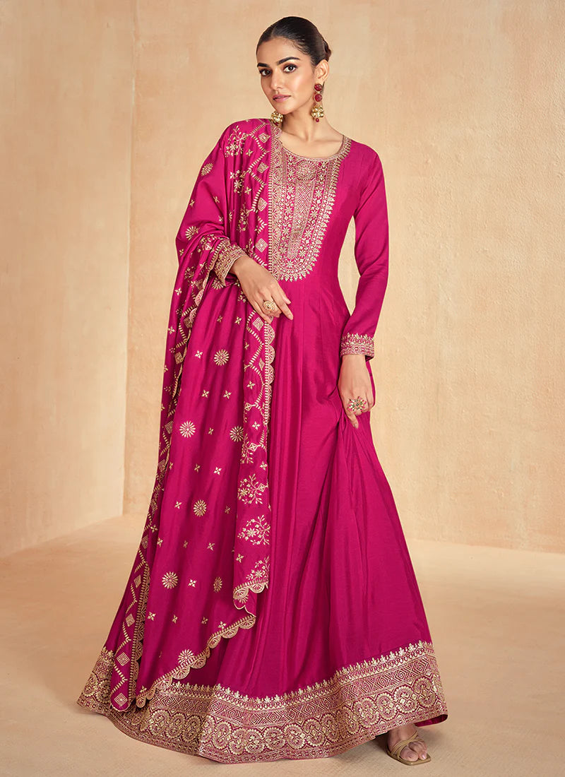 Magenta Pink Anarkali Suit with Dupatta for for Indian and Pakistani Celebrations-Golden Embroidery and Thread Works