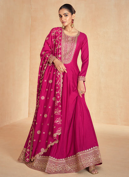 Magenta Pink Anarkali Suit with Dupatta for for Indian and Pakistani Celebrations-Golden Embroidery and Thread Works