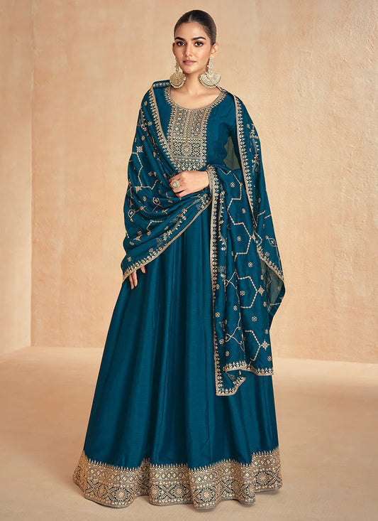 Royal Blue Anarkali Suit with Dupatta for for Indian and Pakistani Celebrations-Golden Embroidery and Thread Works