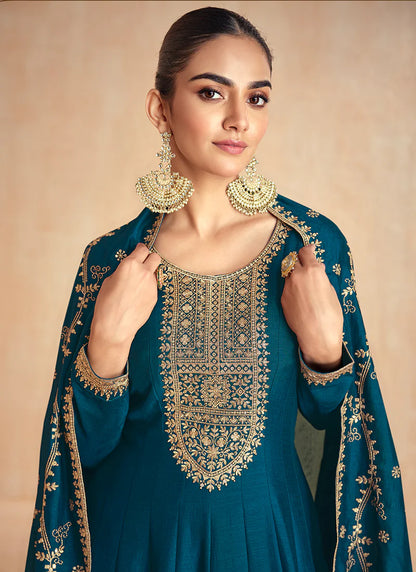 Royal Blue Anarkali Suit with Dupatta for for Indian and Pakistani Celebrations-Golden Embroidery and Thread Works