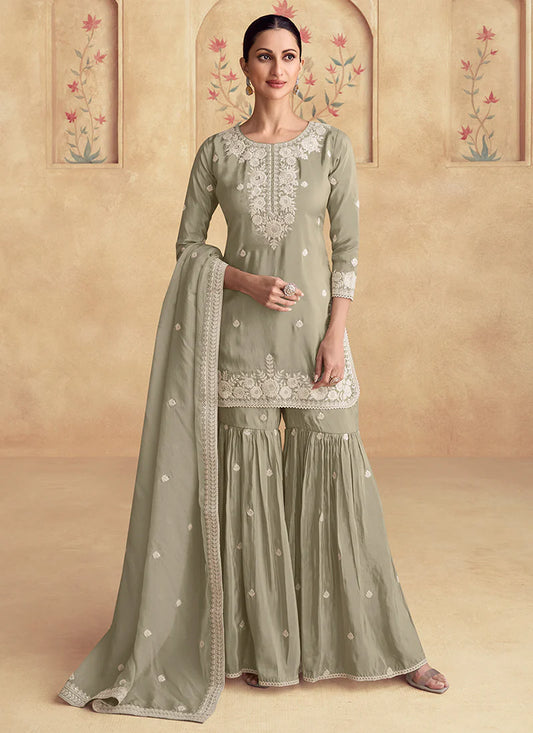 Sage Green Embroidered  Gharara Style Suit with Dupatta - Perfect for Indian Festivals and Pakistani Weddings - White Resham, Zari & Sequence Work