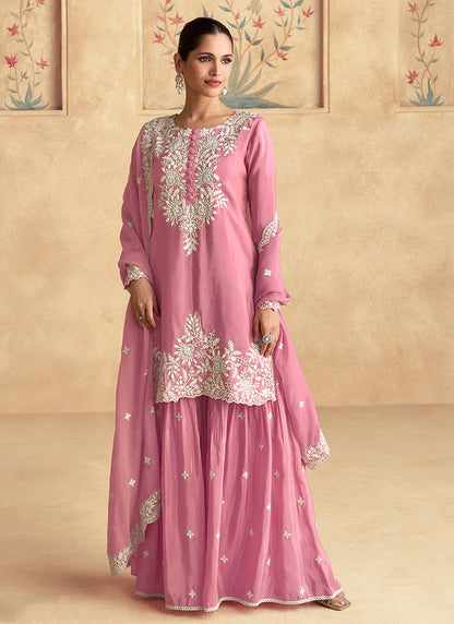 Pink Embroidered  Gharara Style Suit with Dupatta - Perfect for Indian Festivals and Pakistani Weddings - White Resham, Zari & Sequence Work