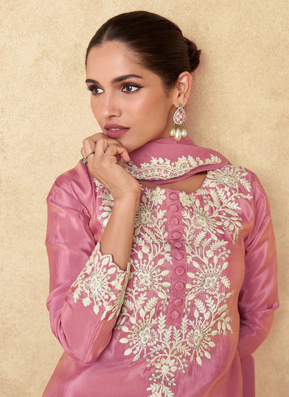 Pink Embroidered  Gharara Style Suit with Dupatta - Perfect for Indian Festivals and Pakistani Weddings - White Resham, Zari & Sequence Work