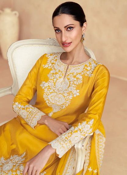 Yellow Embroidered  Gharara Style Suit with Dupatta - Perfect for Indian Festivals and Pakistani Weddings - White Resham, Zari & Sequence Work