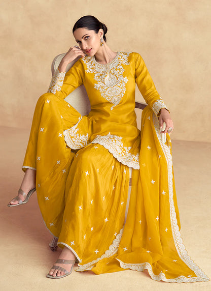 Yellow Embroidered  Gharara Style Suit with Dupatta - Perfect for Indian Festivals and Pakistani Weddings - White Resham, Zari & Sequence Work