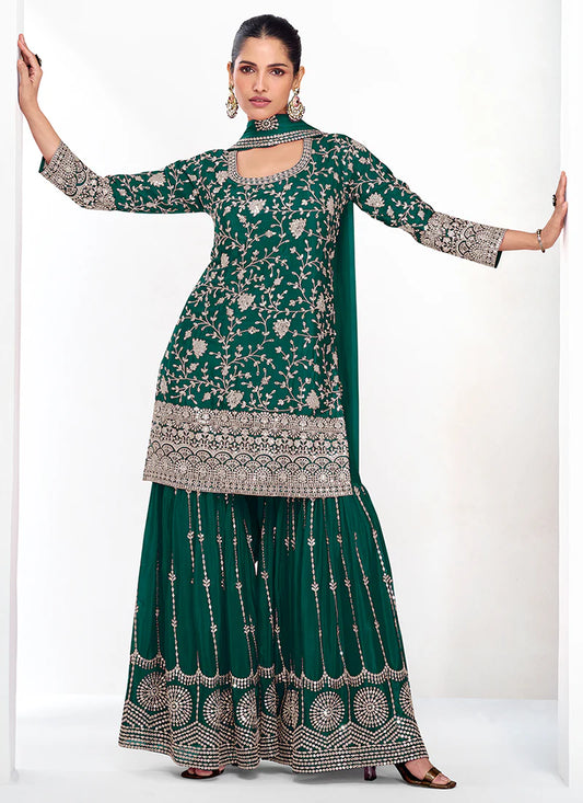 Designer Green Festive Gharara Suit with Detailed Embroidery