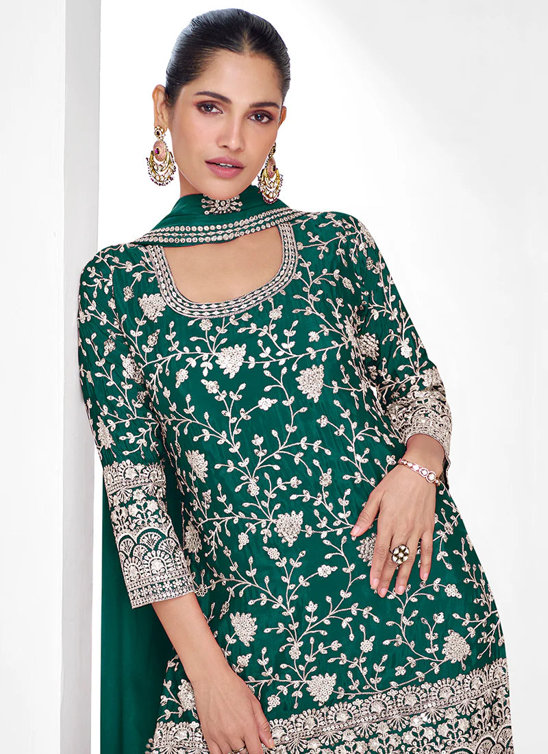 Designer Green Festive Gharara Suit with Detailed Embroidery