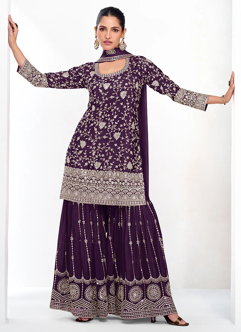 Designer Deep Purple Festive Gharara Suit with Detailed Embroidery