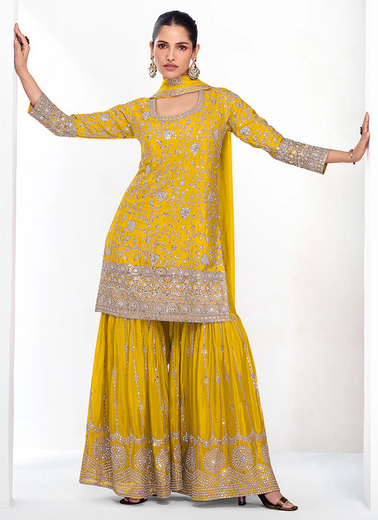 Designer Yellow Festive Gharara Suit with Detailed Embroidery