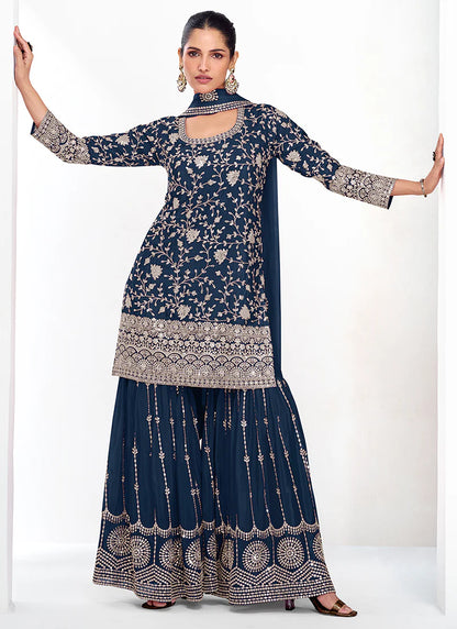 Designer Dark Blue Festive Gharara Suit with Detailed Embroidery