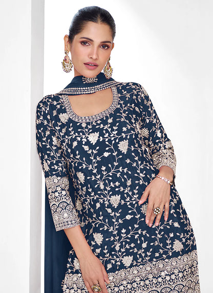 Designer Dark Blue Festive Gharara Suit with Detailed Embroidery