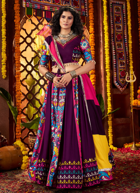Purple Navratri Chaniya Choli with Multi-Thread & Mirror Work