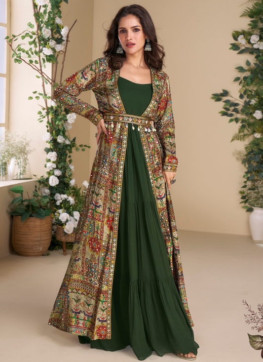 Designer Green Georgette Anarkali Gown with Multicolor Long Shrug