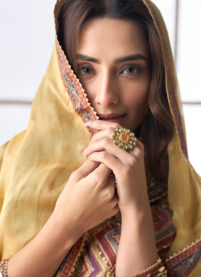 Ochre Yellow Viscose Crepe Silk Embroidered Sharara Suit with Zari & Gota Patti