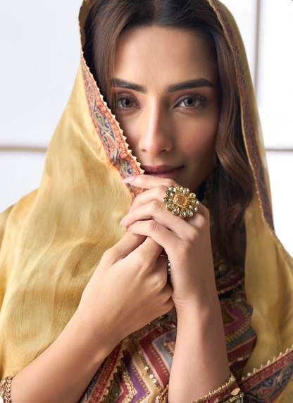 Ochre Yellow Viscose Crepe Silk Embroidered Sharara Suit with Zari & Gota Patti