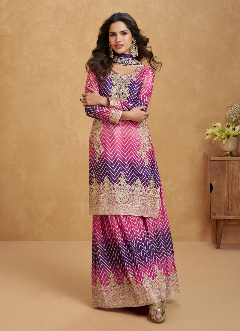 Purple and Pink Chinon Silk Long Sleeves Sharara Suit with Dupatta – Indian Pakistani Wedding Festival Wear 