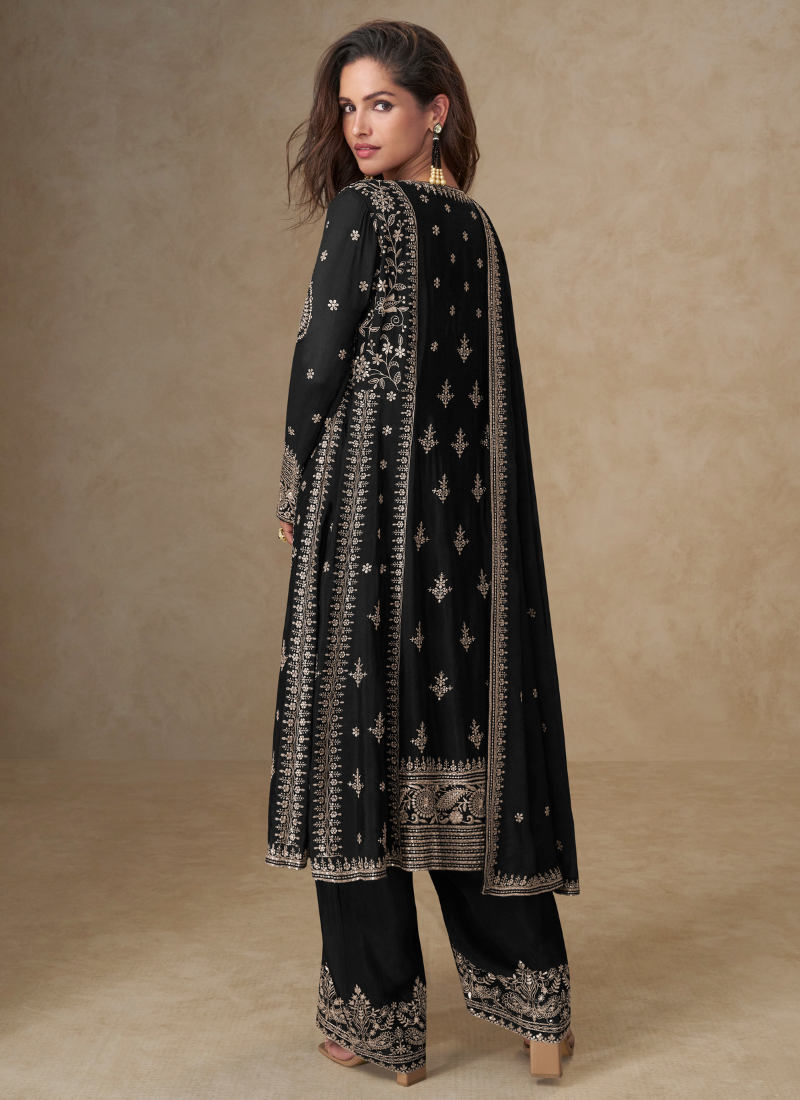 Black Chinon Silk Palazzo Suit with Dupatta for Indian and Pakistani Party Wear