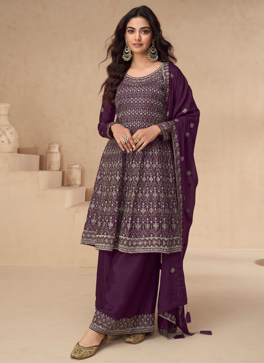 Shop Online Purple Chinnon Silk Sharara Suit with Dupatta