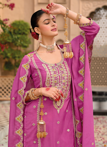 Pink Chinnon Embroidered Sharara Suit with Dupatta for Pakistani Weddings and Indian Festivals