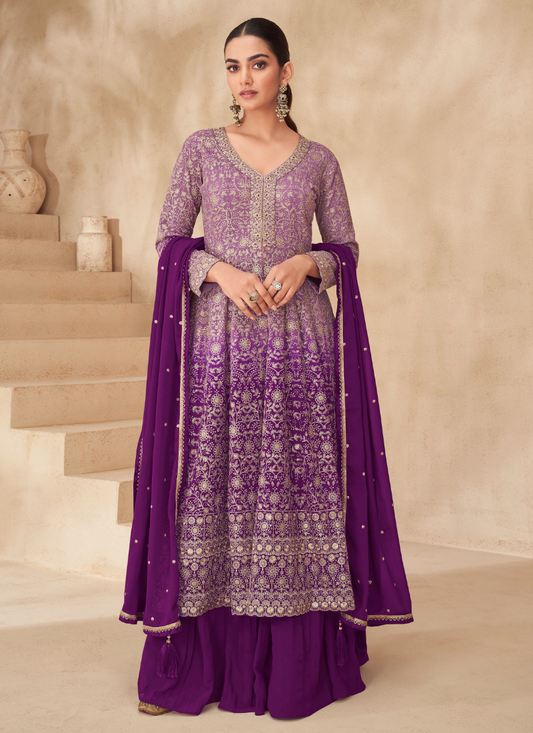 Designer Purple Georgette Sharara Suit with Dupatta for Indian Festivals & Pakistani Weddings