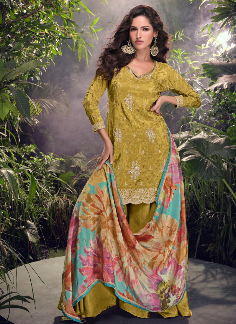 Shop Online Mustard Chinnon Silk Sharara Suit with Floral Dupatta