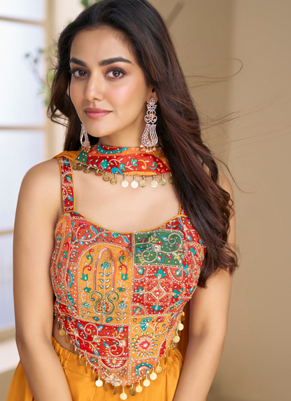 Mustard Yellow Chinon Silk Indo-Western Designer Wear for Indian & Pakistani Wedding Functions