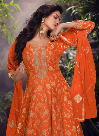 Designer Orange Pure Viscose Jacquard Silk Embroidery Sharara Suit with Dupatta for Indian Festivals and Pakistani Weddings