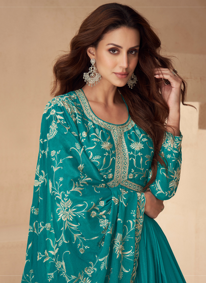 Teal Green Chinnon Silk Embroidery Anarkali Gown with Dupatta for Indian Festival and Pakistani Wedding - Thread Work