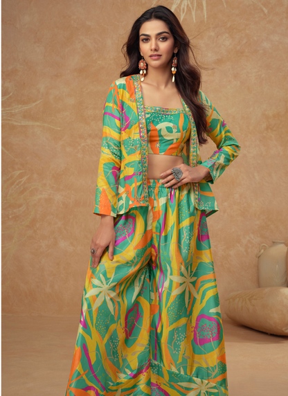 Tropical Multi-Color Chinon Silk Palazzo Set with Crop Top & Shrug